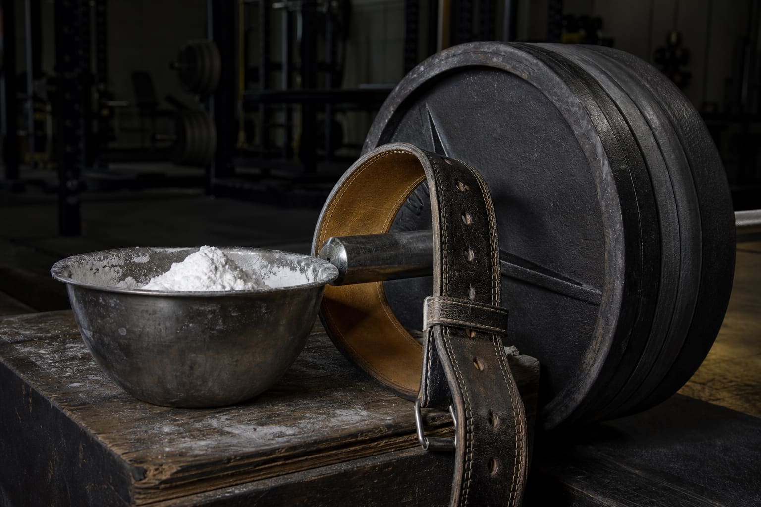 A chalk bowl on the corner of a wooden platform, a lifting belt over a loaded bar.