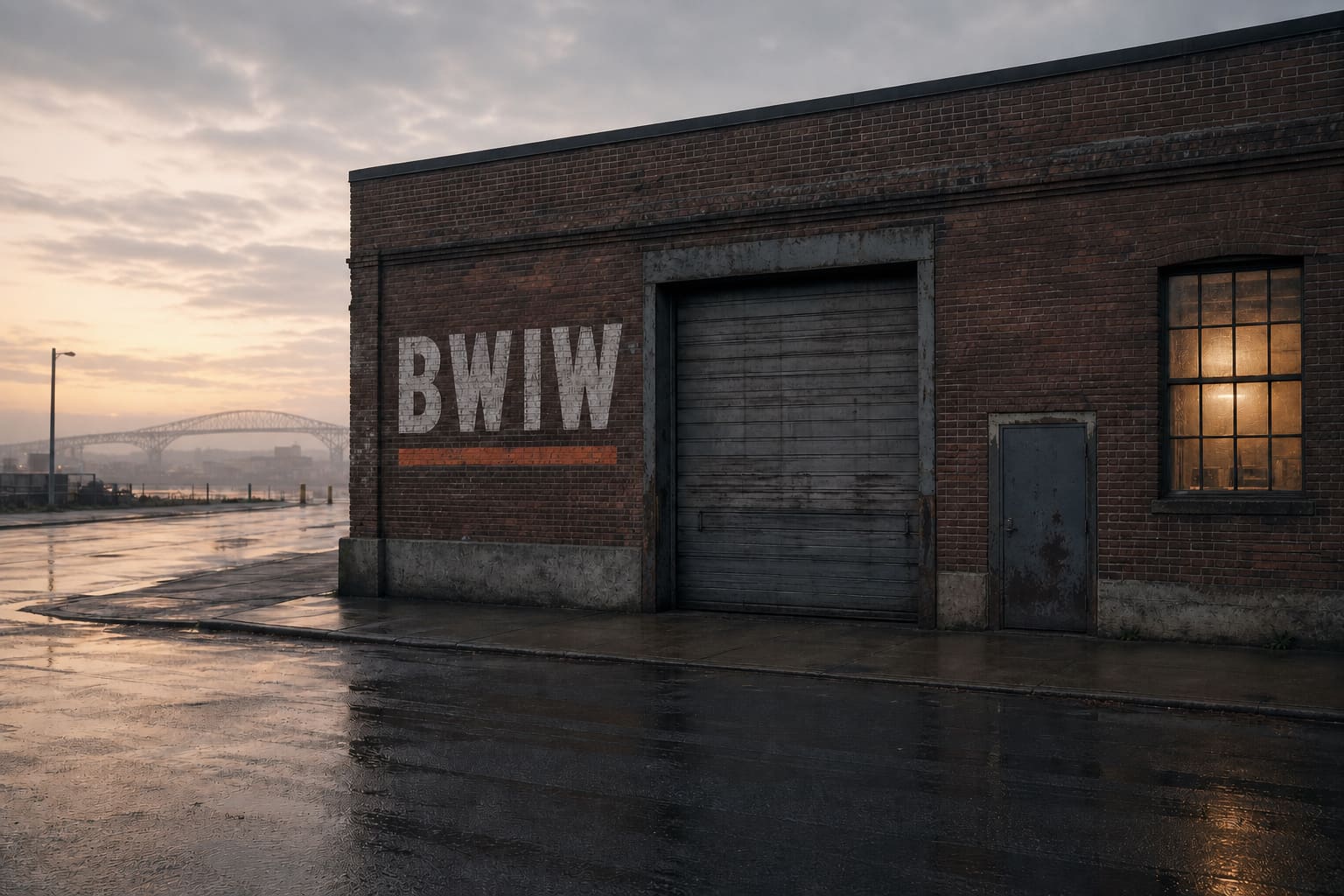 The brick machine shop at dawn with BWIW stencil lettering, loading door, and one lit window.