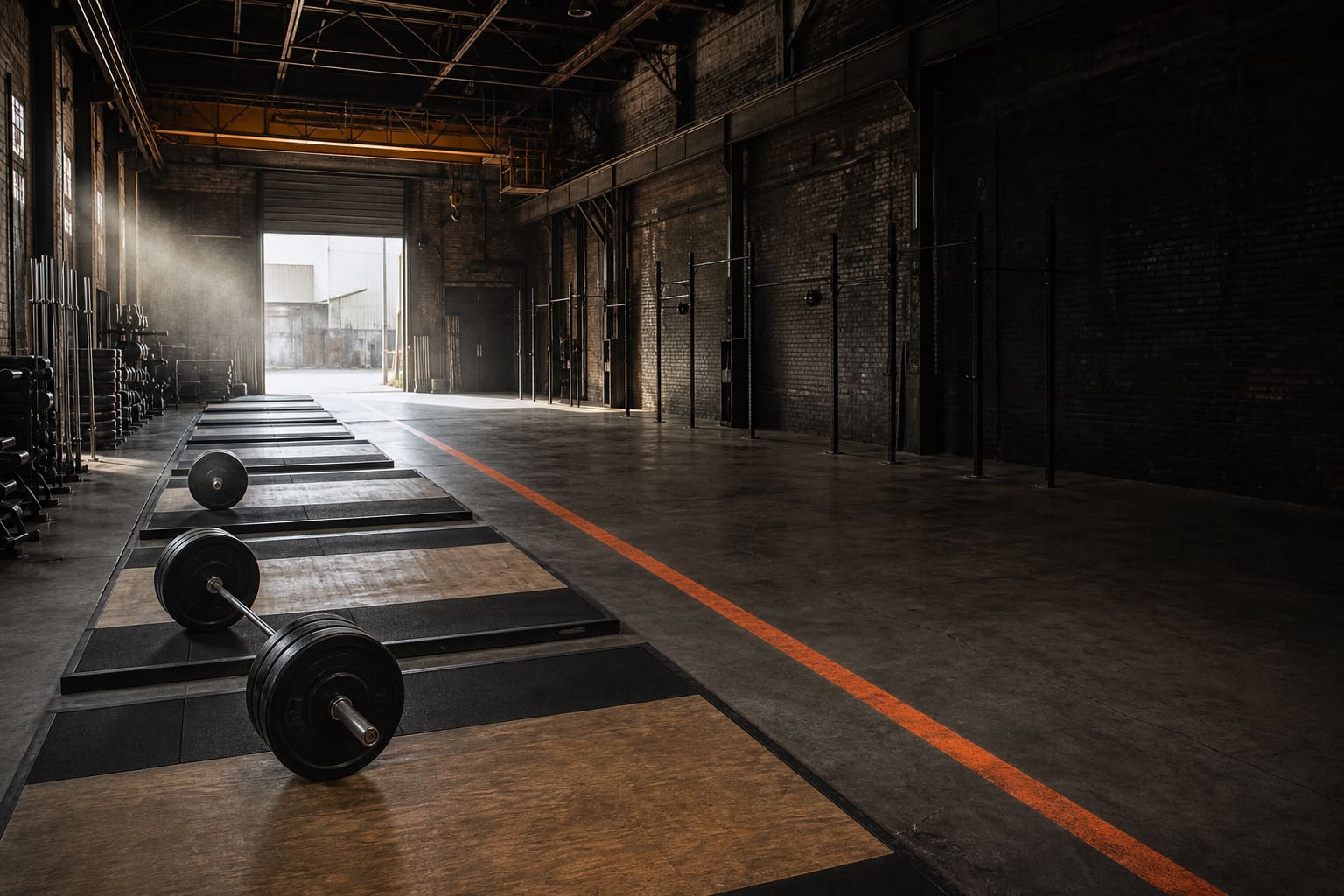 The training floor at Blue Water Iron Works: lifting platforms receding toward an open loading door, chalk dust in the morning light.
